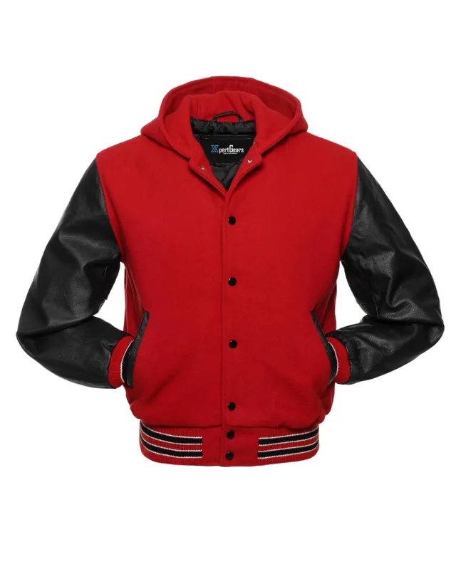 Front view of Red and Black Varsity Jacket featuring a hoodie collar, vibrant red wool body, and sleek black leather sleeves.