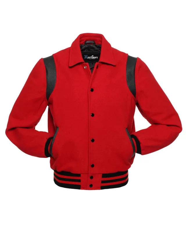 Front view of Red Retro Varsity Jacket featuring a retro collar, vibrant red wool body and sleeves, complemented by sleek black leather shoulder inserts.