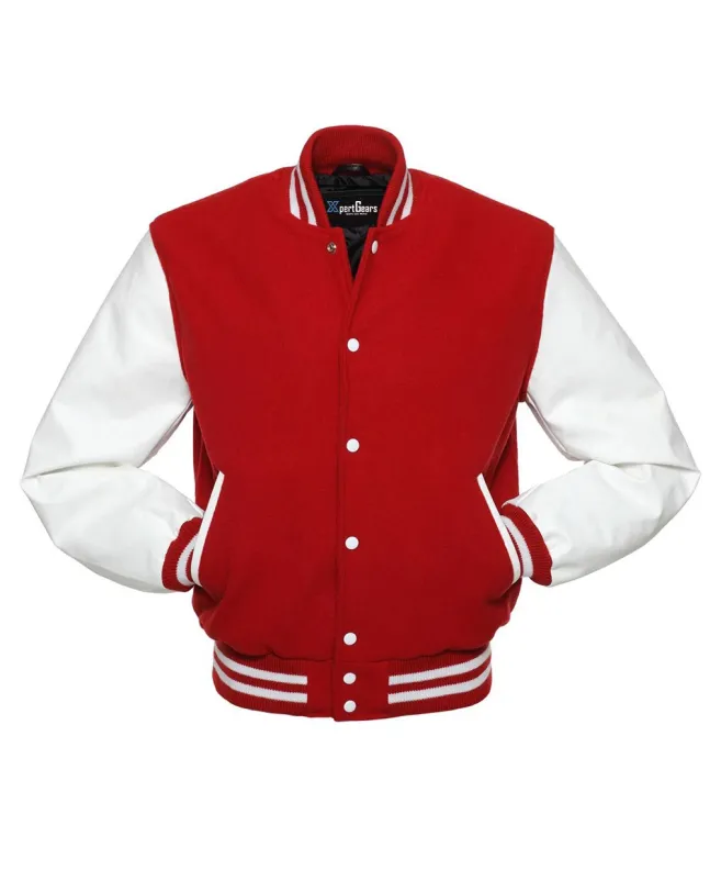 Red Wool Varsity Jacket with White Vinyl Sleeves - Front View
