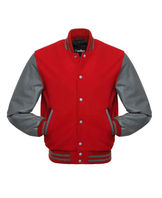 Red Wool and Grey Cowhide Leather American Varsity Jacket - Front View