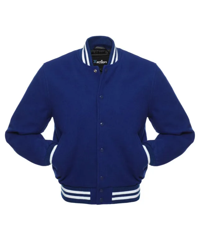 Regal Blue Classic Wool Varsity Jacket: Front view showcasing the deep regal blue wool, highlighted by contrasting stripes on cuffs and hem, featuring an embroidered logo on the chest.