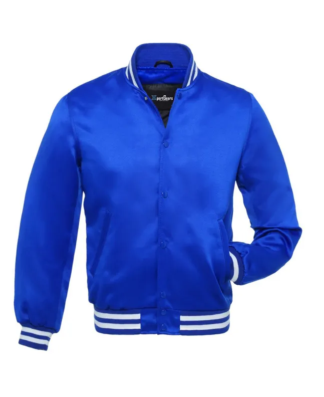 Regal Blue Striped Satin Bomber Jacket: Front view showcasing the rich regal blue satin fabric with contrasting stripes on cuffs and hem, featuring a sleek bomber design.