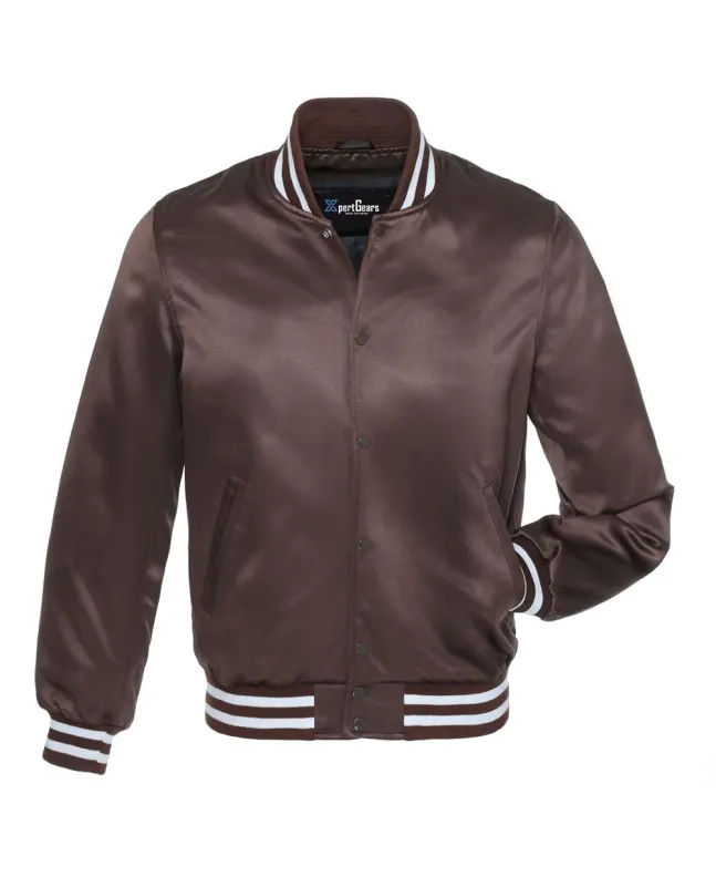 Rich Brown Striped Satin Bomber Jacket: Front view showcasing the rich brown satin fabric with contrasting stripes on cuffs and hem, featuring a stylish bomber design.