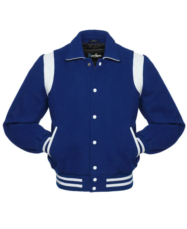 Front view of Royal Blue Retro Varsity Jacket featuring a retro collar, royal blue wool body and sleeves, and contrasting white leather shoulder inserts.