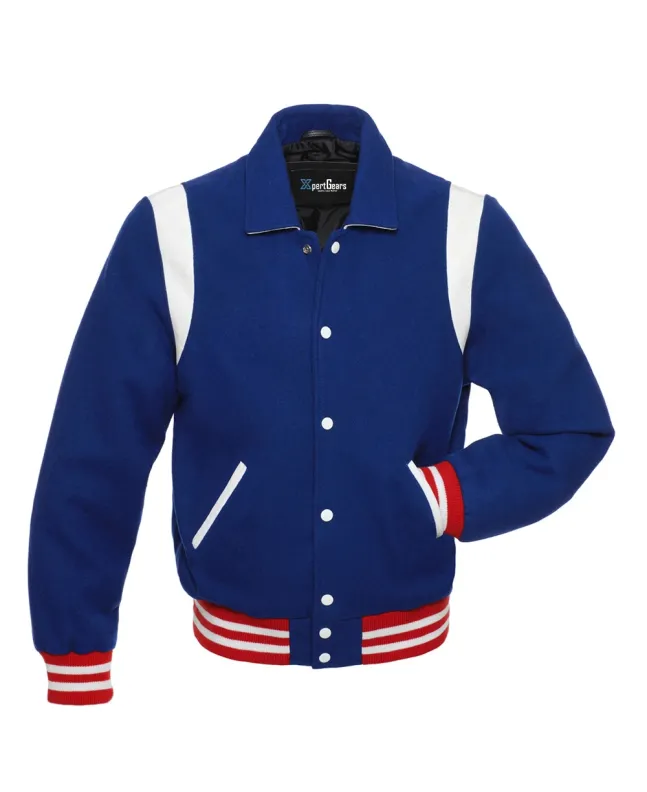 Front view of Royal Blue Retro Varsity Jacket featuring a retro collar, regal royal blue wool body and sleeves, adorned with pristine white leather shoulder inserts.