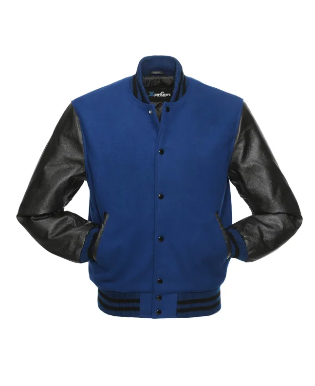 Royal Blue Wool and Black Cowhide Leather American Varsity Jacket - Front View
