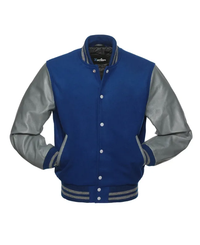 Royal Blue Wool Body American Varsity Jacket with Grey Leather Sleeves - Front View