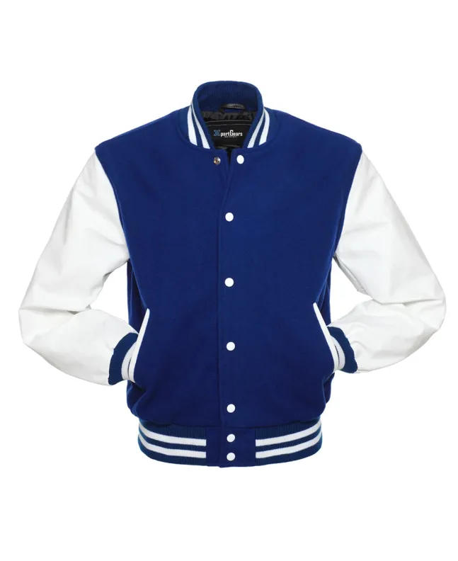 Royal Blue Wool and White Cowhide Leather American Varsity Jacket - Front View