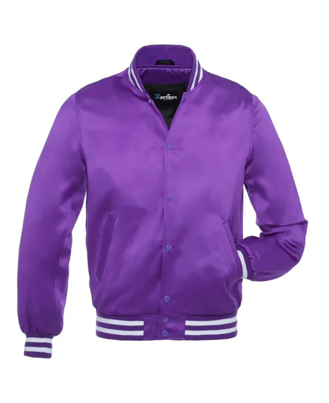 Royal Purple Striped Satin Bomber Jacket: Front view showcasing the luxurious royal purple satin fabric with contrasting stripes on cuffs and hem, featuring a stylish bomber design.