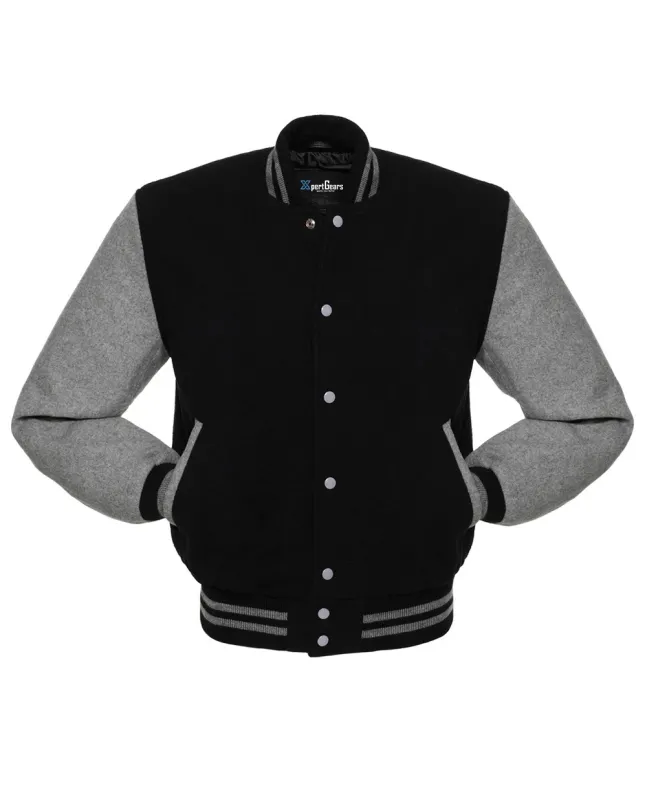 Slate Grey Classic Wool Varsity Jacket: Front view showcasing the sleek slate grey wool, accented by contrasting stripes on cuffs and hem, featuring an embroidered logo on the chest.