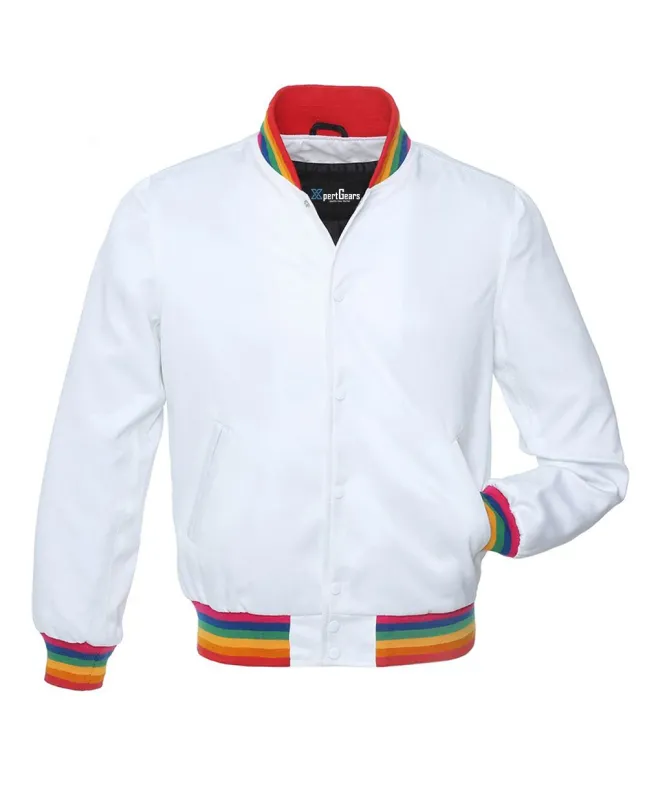Snowy Rainbow Satin Bomber Jacket: Front view showcasing the snowy white satin fabric with a mesmerizing gradient rainbow sheen, featuring ribbed cuffs and hem.