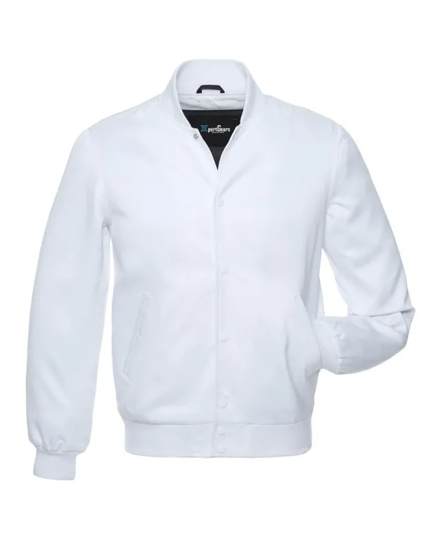 Snowy White Satin Bomber Jacket: Front view showcasing the elegant snowy white satin fabric with ribbed cuffs and hem, exuding a clean and stylish look.