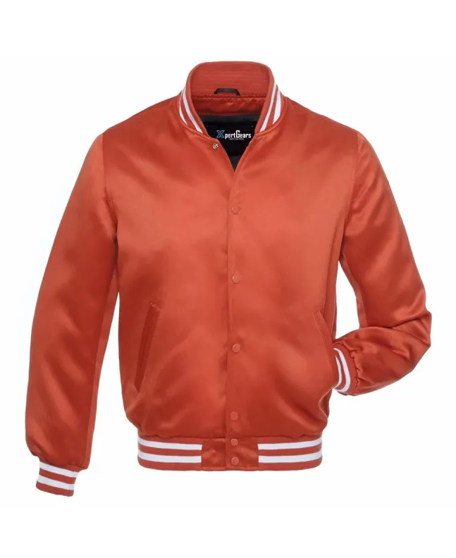 Texas Orange Striped Satin Bomber Jacket: Front view showcasing the vibrant Texas orange satin fabric with contrasting stripes on cuffs and hem, featuring a stylish bomber design.
