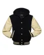 Front view of Black and Cream Varsity Jacket featuring a hoodie collar, black wool body, and sophisticated cream leather sleeves.