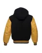 Back side view of Black and Gold Varsity Jacket showcasing the clean design with quilted lining, highlighting the contrast between black wool and luxurious gold leather sleeves.