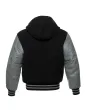 Back side view of Black and Grey Varsity Jacket showcasing the clean design with quilted lining, highlighting the contrast between black wool and sophisticated grey leather sleeves.