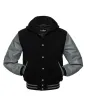 Front view of Black and Grey Varsity Jacket featuring a hoodie collar, sleek black wool body, and refined grey leather sleeves.