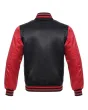 Black & Red Satin Sleeve Bomber Jacket: Back view displaying the design elements with black and red fabrics, offering a glimpse of the jacket's stylish details from behind.