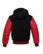 Back side view of Black and Red Varsity Jacket showcasing the clean design with quilted lining, highlighting the contrast between black wool and bold red leather sleeves.
