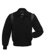 Front view of Black Retro Varsity Jacket featuring a retro collar, black wool body and sleeves, with seamless black leather shoulder inserts.