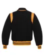 Back side view of Black Retro Varsity Jacket showcasing the clean design with lightweight lining and classic black wool sleeves.
