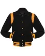 Front view of Black Retro Varsity Jacket featuring a retro collar, black wool body and sleeves, adorned with elegant gold leather shoulder inserts.