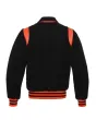 Back side view of Black Retro Varsity Jacket showcasing the clean design with lightweight lining and classic black wool sleeves.