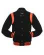 Front view of Black Retro Varsity Jacket featuring a retro collar, black wool body and sleeves, and vibrant orange leather shoulder inserts.