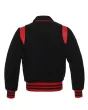 Back side view of Black Retro Varsity Jacket showcasing the clean design with lightweight lining and classic black wool sleeves.