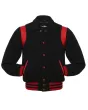Front view of Black Retro Varsity Jacket featuring a retro collar, black wool body and sleeves, and bold red leather shoulder inserts.