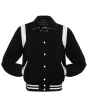 Front view of Black Retro Varsity Jacket featuring a retro collar, black wool body, and distinctive white leather shoulder inserts.
