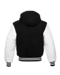 Back side view of Black and White Varsity Jacket showcasing the clean design with quilted lining, highlighting the contrast between black wool and crisp white leather sleeves.