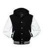Front view of Black and White Varsity Jacket featuring a hoodie collar, black wool body, and contrasting white leather sleeves.