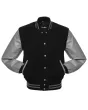 Black Wool American Varsity Jacket with Grey Vinyl Sleeves - Front View