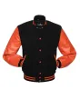 Black Wool American Varsity Jacket with Orange Vinyl Sleeves - Front View