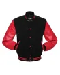 Black Wool American Varsity Jacket with Red Vinyl Sleeves - Front View