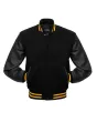 Black Wool Body American Varsity Jacket with Black Leather Sleeves - Front View
