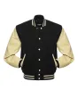Black Wool Body American Varsity Jacket with Cream Leather Sleeves - Front View