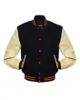 Black Wool Body American Varsity Jacket with Cream Leather Sleeves - Front View