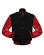 Black Wool Body American Varsity Jacket with Red Leather Sleeves - Front View