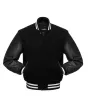 Black Wool Body American Varsity Jacket with White Leather Sleeves - Front View