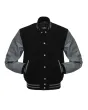 Black Wool and Grey Cowhide Leather American Varsity Jacket - Front View