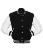 Black Wool and White Cowhide Leather American Varsity Jacket - Front View