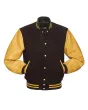 Brown Wool Body American Varsity Jacket with Gold Leather Sleeves - Front View