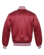 Cardinal Striped Satin Bomber Jacket: Back view displaying the cardinal red satin fabric and the jacket's design elements from behind, featuring its distinct stripes.