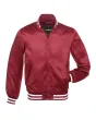 Cardinal Striped Satin Bomber Jacket: Front view showcasing the bold cardinal red satin fabric with contrasting stripes on cuffs and hem, featuring a stylish bomber design.
