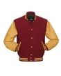 Cardinal Wool Body American Varsity Jacket with Gold Leather Sleeves - Front View