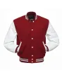 Cardinal Wool Body American Varsity Jacket with White Leather Sleeves - Front View