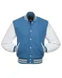 Columbia Blue Wool Body American Varsity Jacket with White Leather Sleeves - Front View