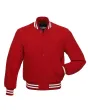 Crimson Classic Wool Varsity Jacket: Front view highlighting the jacket's bold crimson color, classic varsity style, and meticulous detailing for a timeless look.
